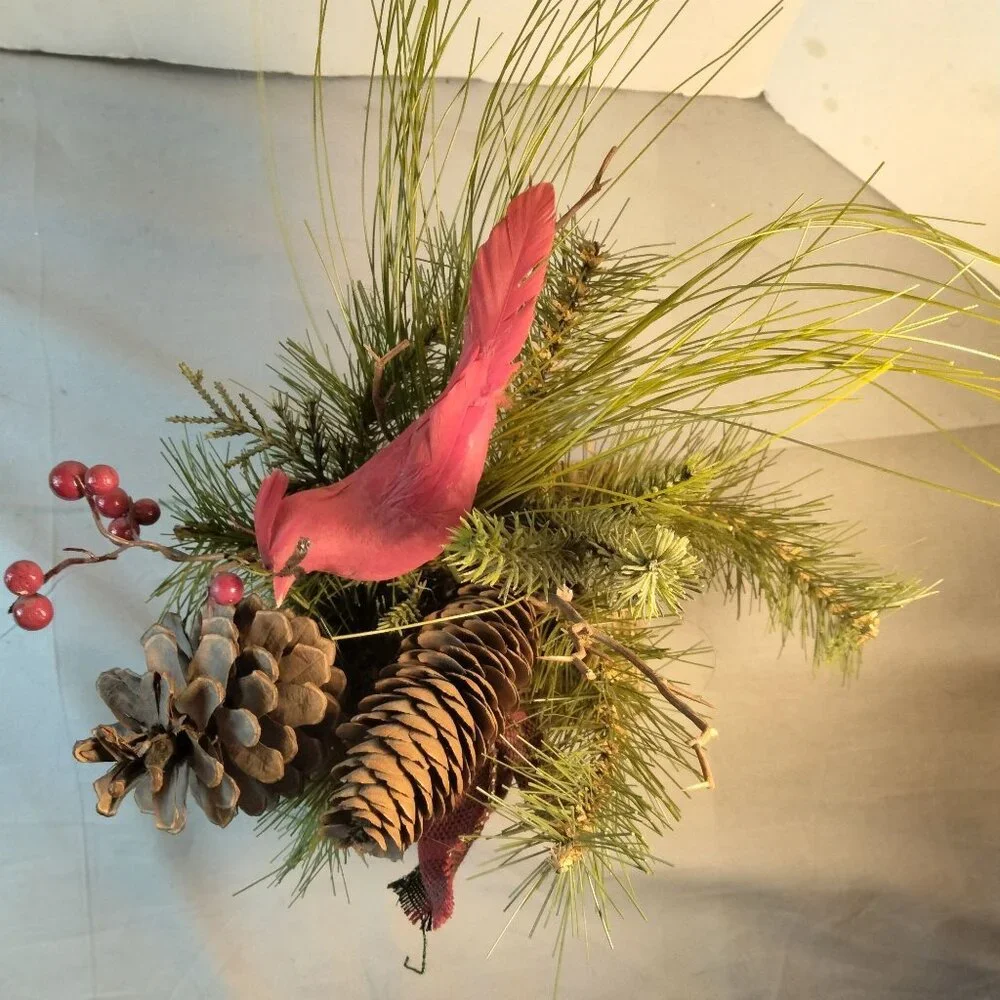 Rustic Burlap Christmas Evergreen Centerpiece Cardinal Pinecones Winter Decor